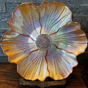 Akcam Turkish Art Glass Orange/Peach Flower Collectible Plate.  8.5” diameter